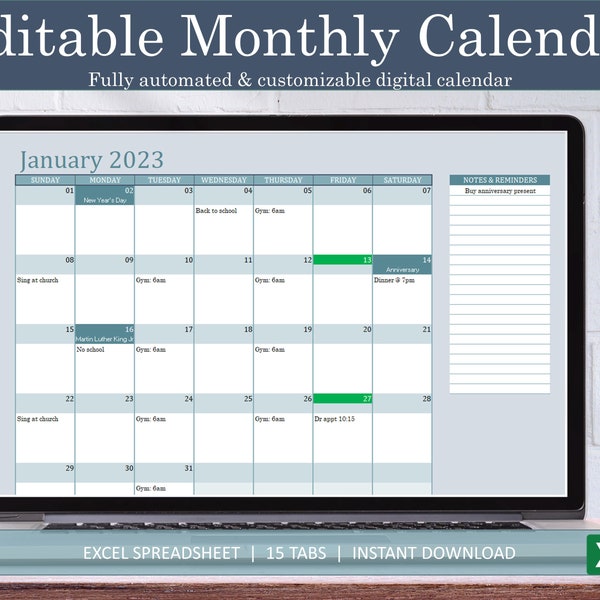 Editable Monthly Calendar Blue Grey| Digital Excel Calendar | 2023 Full Year Calendar