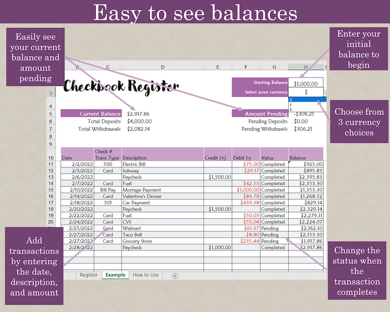 Tracks transactions and displays current balance and pending amount.  Easily see total deposits and withdrawals.  Choose from 3 currency choices.