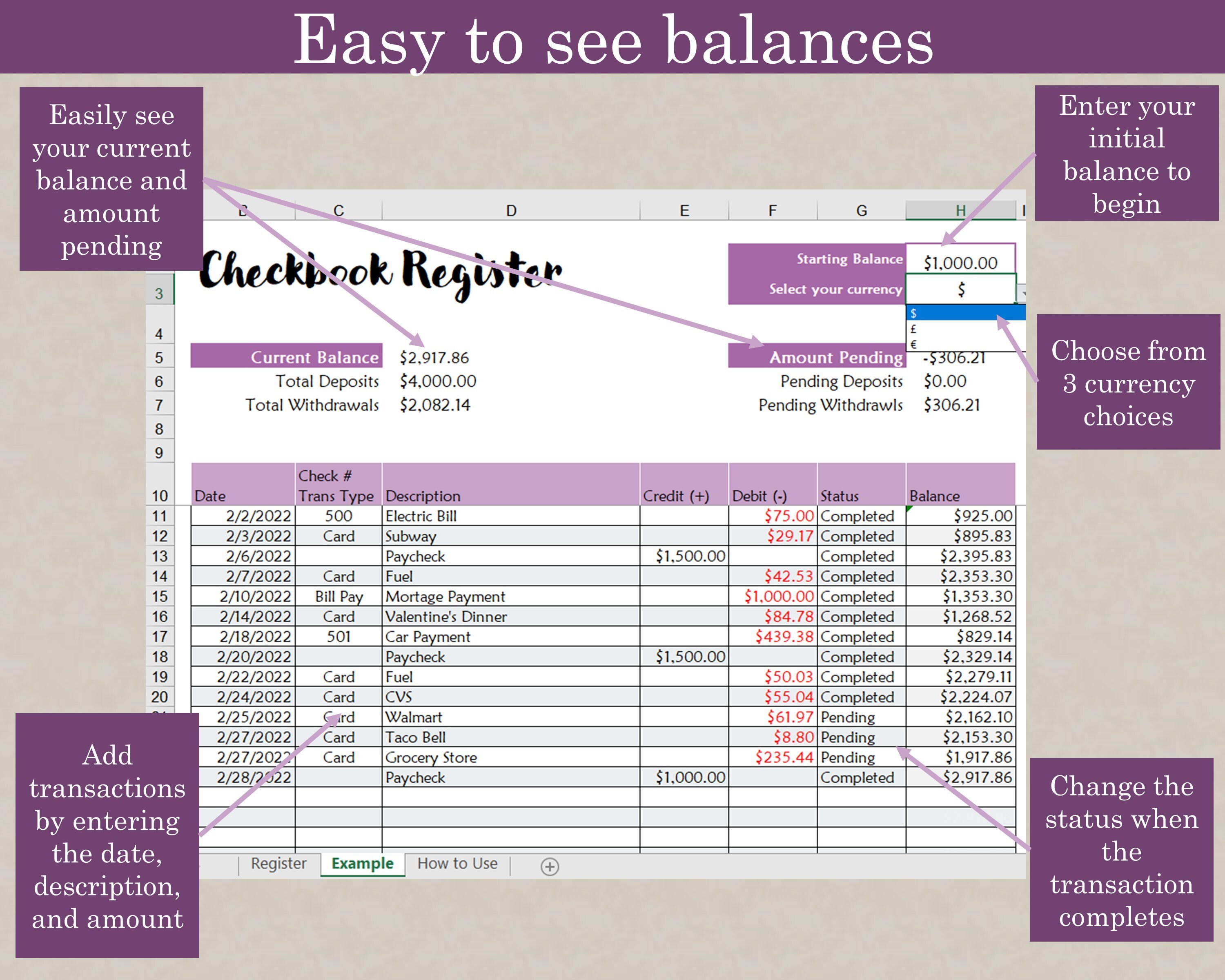 Digital Checkbook Register MS Excel Checkbook Template Etsy
