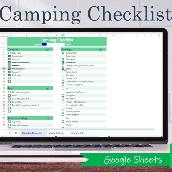 Digital Camping Checklist  - Google Sheets | Camping Planner