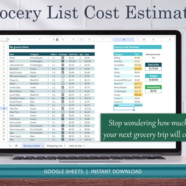 Grocery List Cost Estimator for Google Sheets, Grocery Budget tracker, Shopping Expense Planner