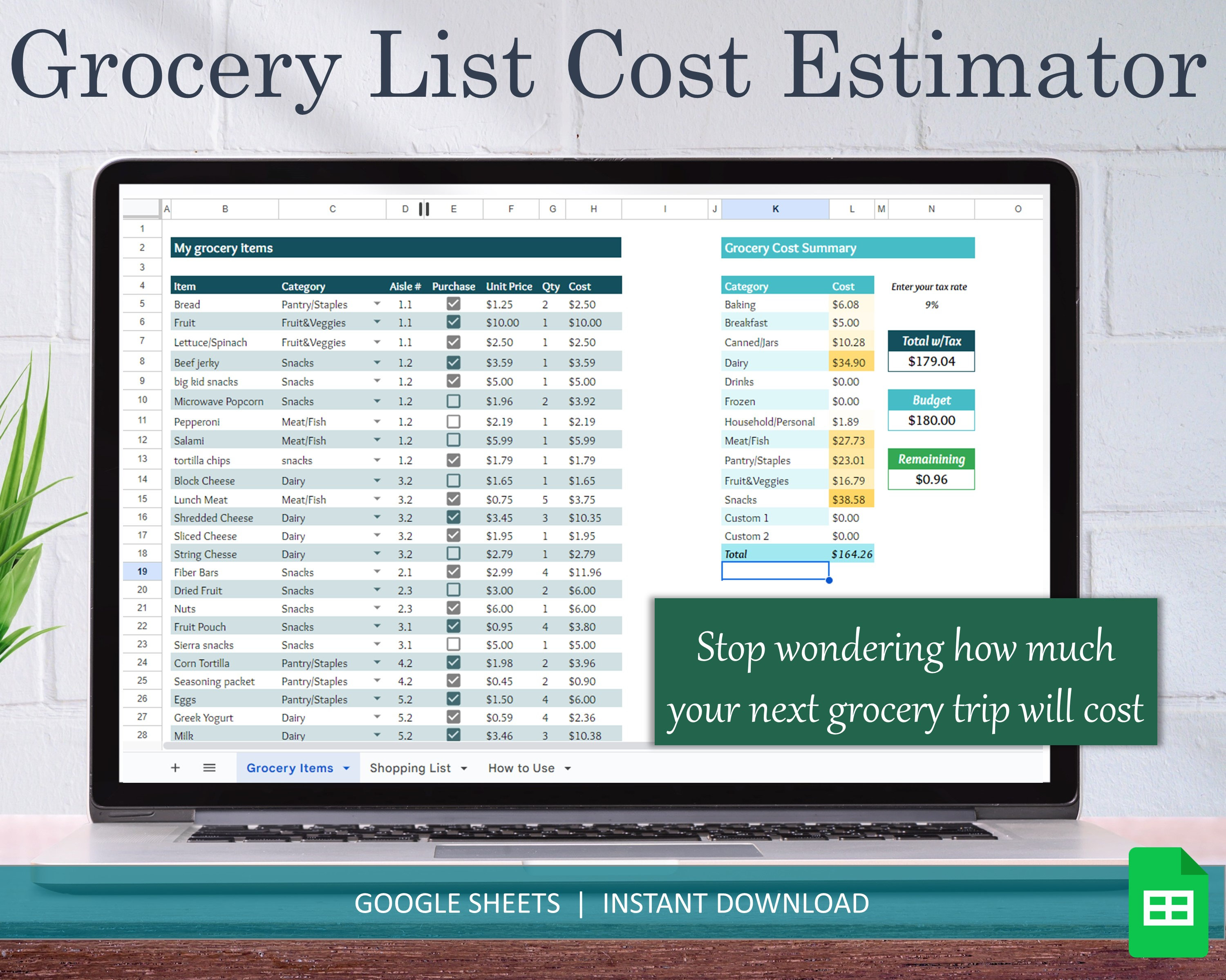 Grocery List Cost Estimator for Google Sheets, Grocery Budget Tracker