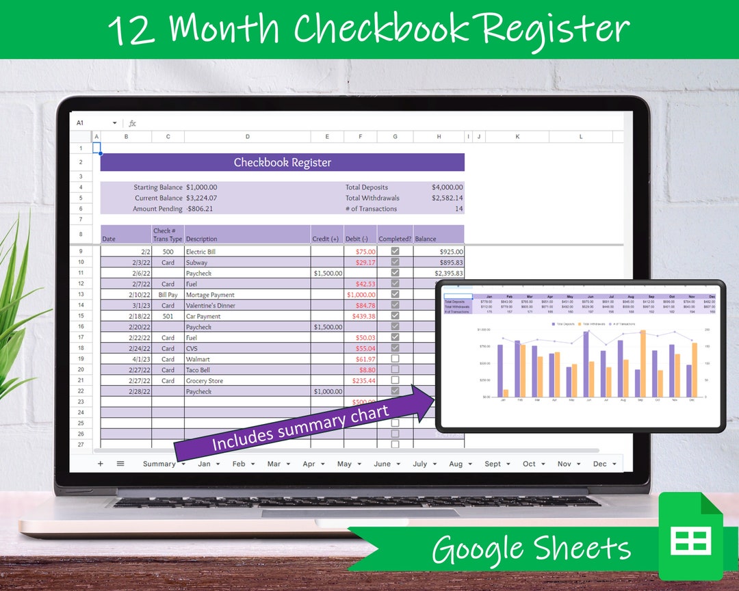 Digital Checkbook Register Google Sheets Checkbook Template Etsy