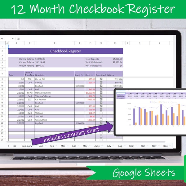 Digital Checkbook Register - Google Sheets | Checkbook Template