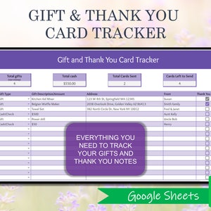 Cadeau- en bedankkaarttracker, lijst met huwelijkscadeaus, kraamcadeautracker, ontvangen afstudeercadeaus