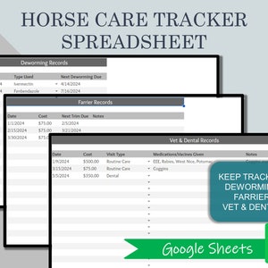 Peut inclure: Un modèle de feuille de calcul Google Sheets pour suivre les dossiers de soins des chevaux. La feuille de calcul est divisée en trois sections : Dossiers de vermifuge, Dossiers de maréchal-ferrant et Dossiers vétérinaires et dentaires. Chaque section comporte des colonnes pour la date, le coût, le type de service et les notes.