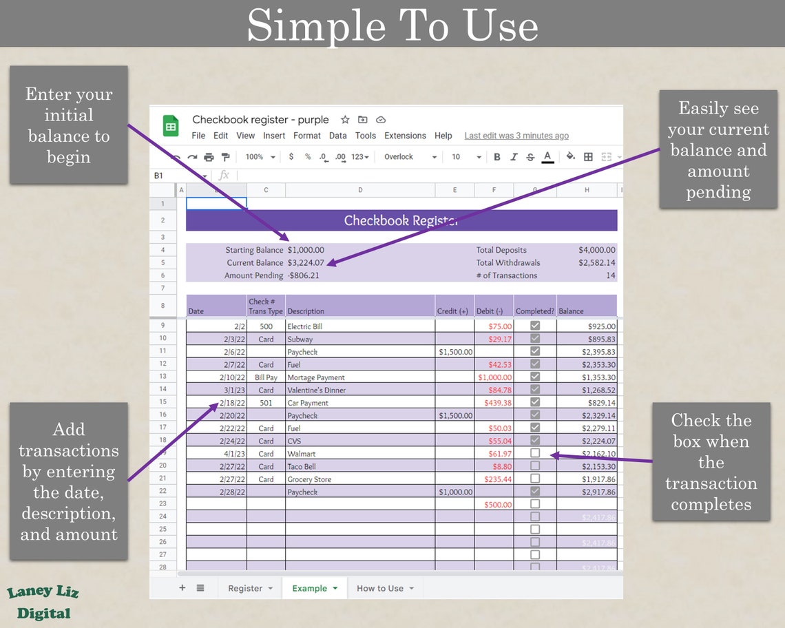 Digital Checkbook Register Google Sheets Checkbook Etsy