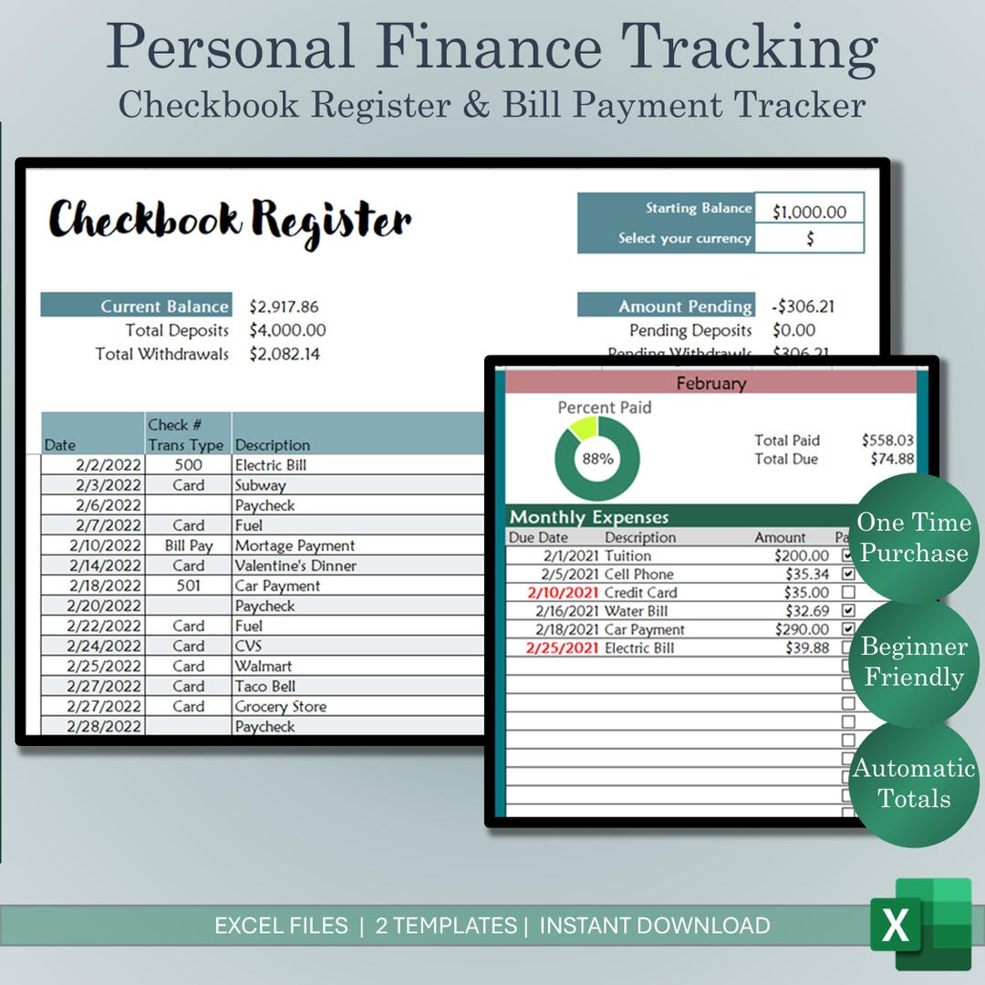EXCEL Checkbook Register and Bill Payment Tracker | Monthly Bill ...