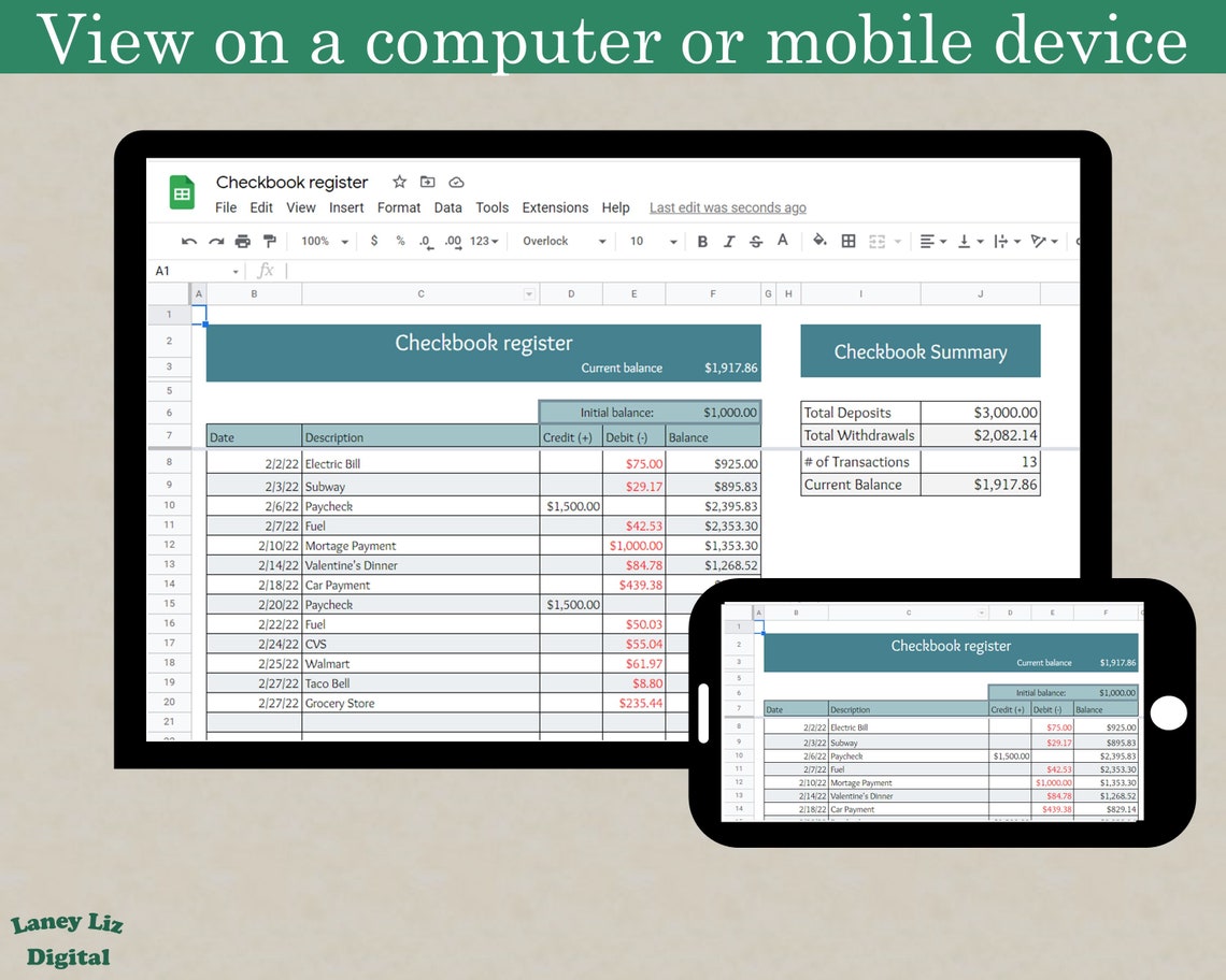 Digital Checkbook Register Google Sheets Checkbook - Etsy