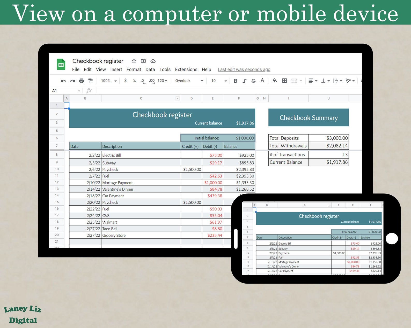 Digital Checkbook Register Google Sheets Checkbook Etsy