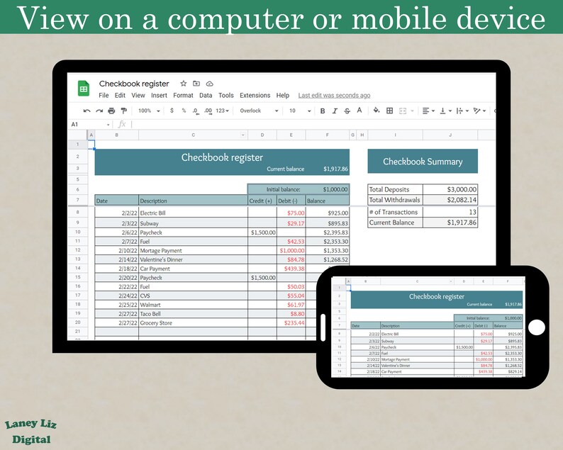 Digital Checkbook Register Google Sheets Checkbook Etsy