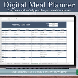 May include: A digital meal planner spreadsheet on a laptop screen. The spreadsheet is divided into days of the week and includes a drop-down menu for selecting the month and year. The spreadsheet is titled "Monthly Meal Plan" and includes a tab for "Monthly Dinner Plan".