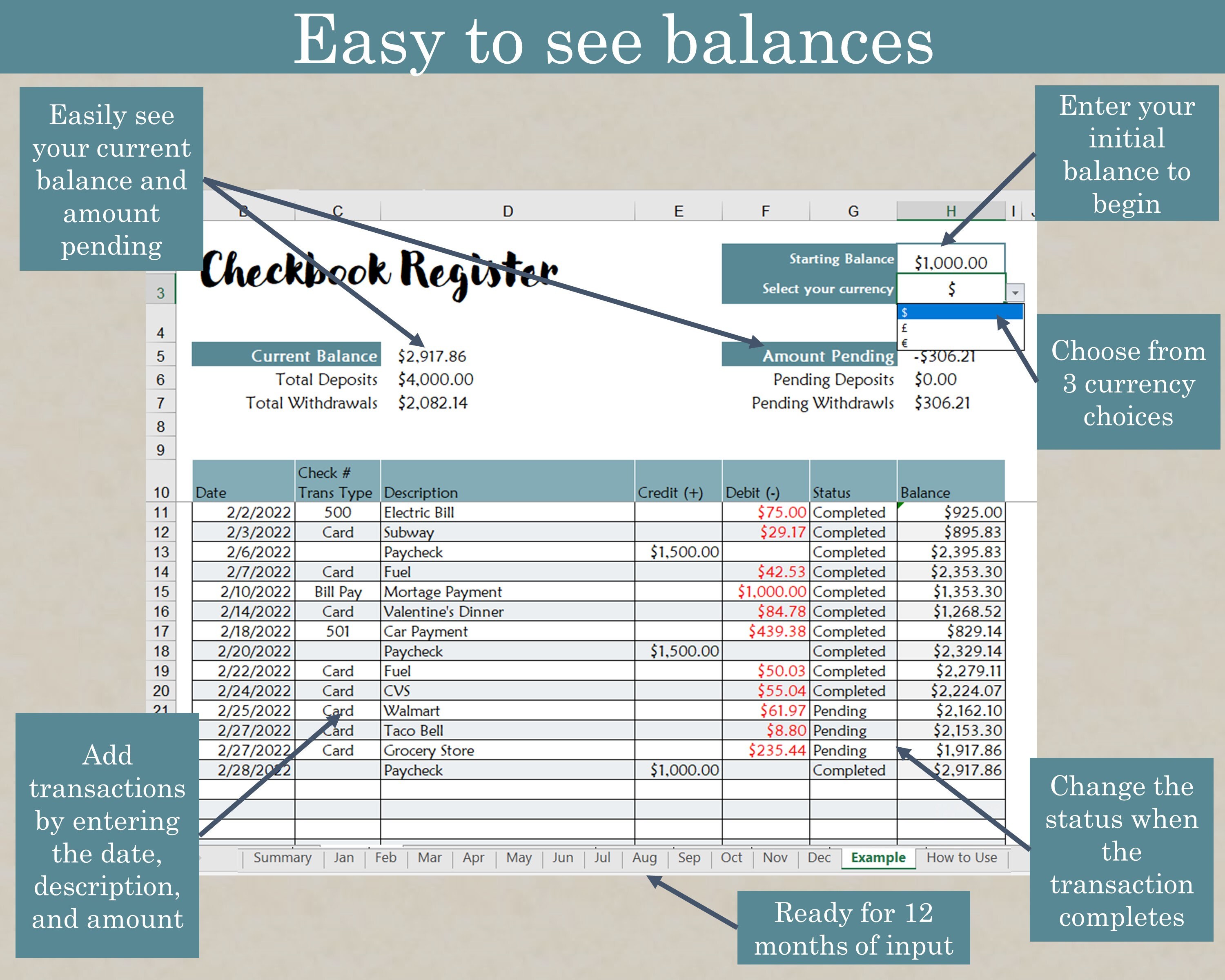 Digital Checkbook Register MS Excel Checkbook Template Etsy