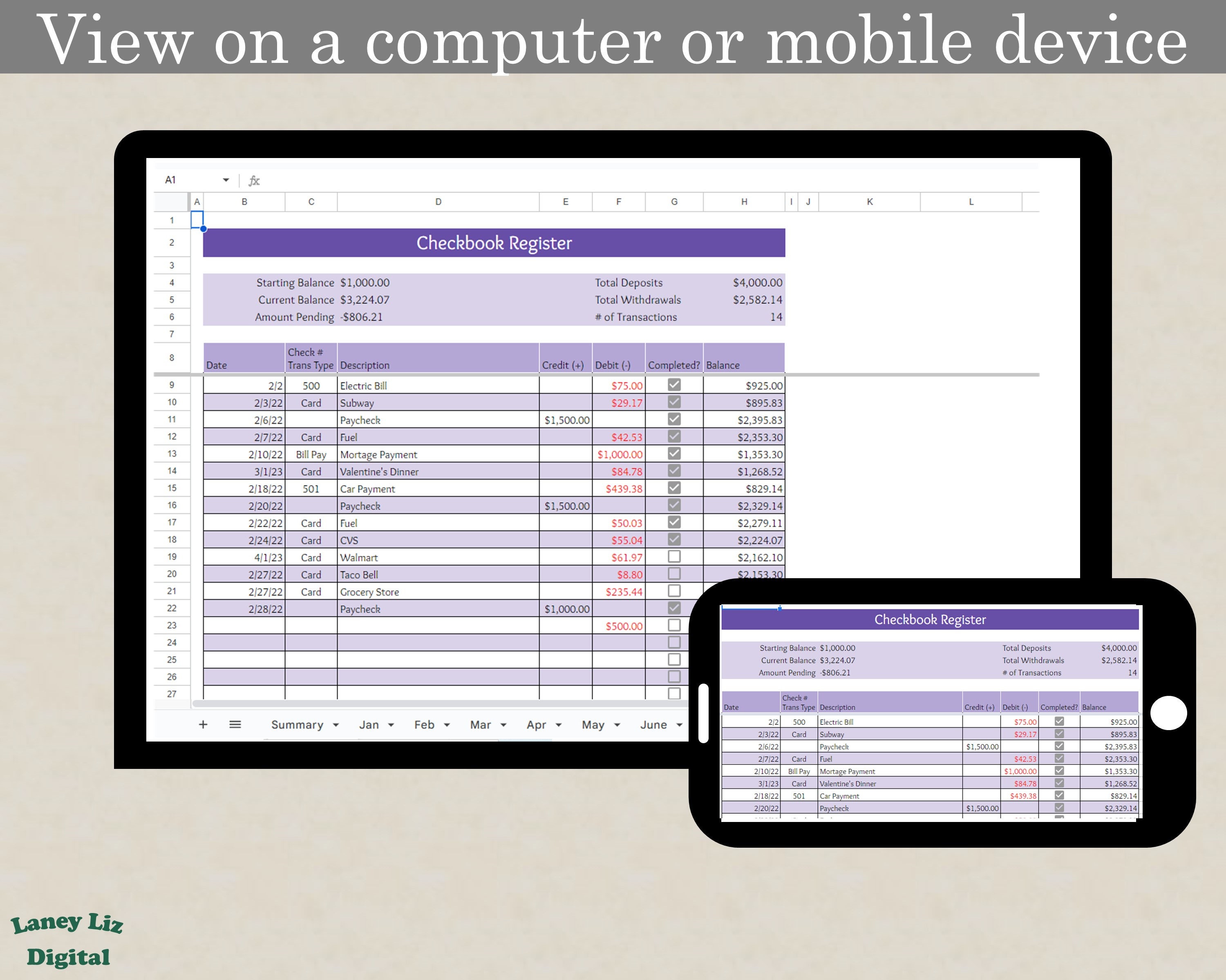 Digital Checkbook Register Google Sheets Checkbook Template Etsy