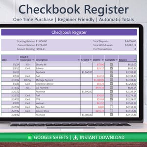 Digital Checkbook Register Google Sheets | Budget & Expense Tracker Spreadsheet | Personal Finance Template Download