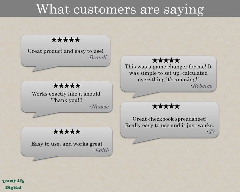 May include: Five-star customer reviews for a checkbook spreadsheet. Reviews include "Great product and easy to use!" "Works exactly like it should. Thank you!!!" "This was a game changer for me! It was simple to set up, calculated everything it's amazing!!" "Great checkbook spreadsheet! Really easy to use and it just works." and "Easy to use, and works great."