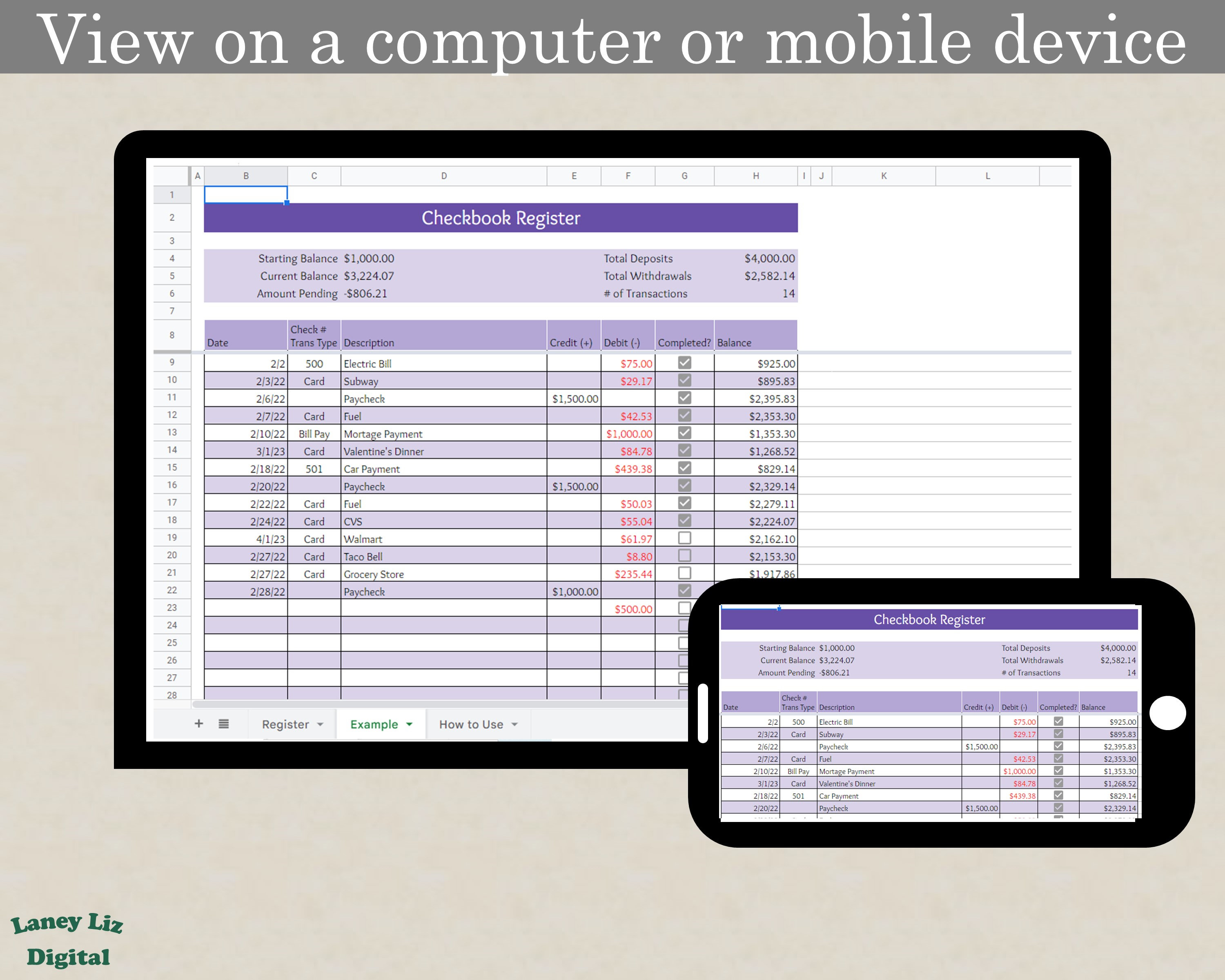 Digital Checkbook Register Google Sheets Checkbook Etsy