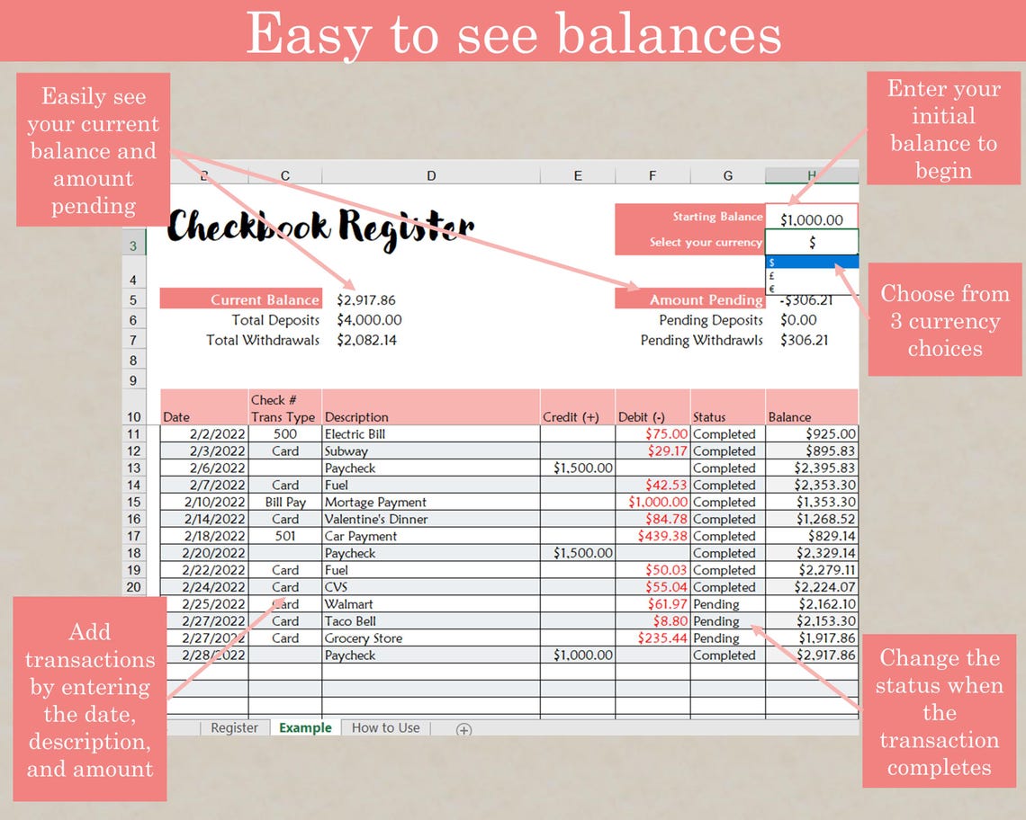 Checkbook Excel Digital Checkbook Register - MS Excel | Checkbook Template - Etsy
