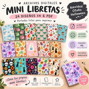 Op de afbeelding: Een digitale collectie van 24 mini-notitieboekontwerpen in 6 PDF-bestanden, formaat A6 (10,5 x 14,8 cm). De covers bevatten patronen van sneeuwmannen, cadeaus, schedels, herfstbladeren, spoken, katten en pompoenen voor diverse thema's.
