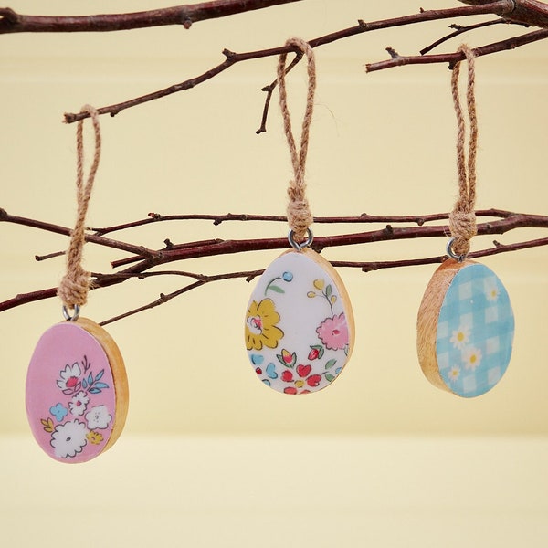 Mango Wood Glazed Decorative Easter Egg Hanging Ornament | 3 Different Designs | Easter Tree Décor