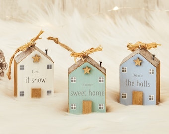 Festive Wooden Hanging Houses With Wooden Star & Glittery Roof | 3 Different Styles