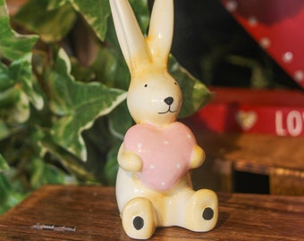 Soft Brown Ceramic Bunny Decoration Holding Pink Heart | Cute Easter Décor