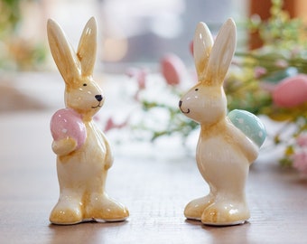 Soft Brown Ceramic Bunny Decoration Holding Easter Egg | Blue or Pink Egg | Cute Easter Decor