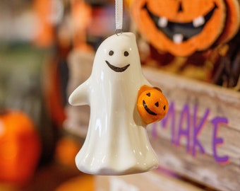 Happy Ceramic Ghost With Pumpkin Hanging Ornament | Halloween Tree Décor or Christmas Tree Decor