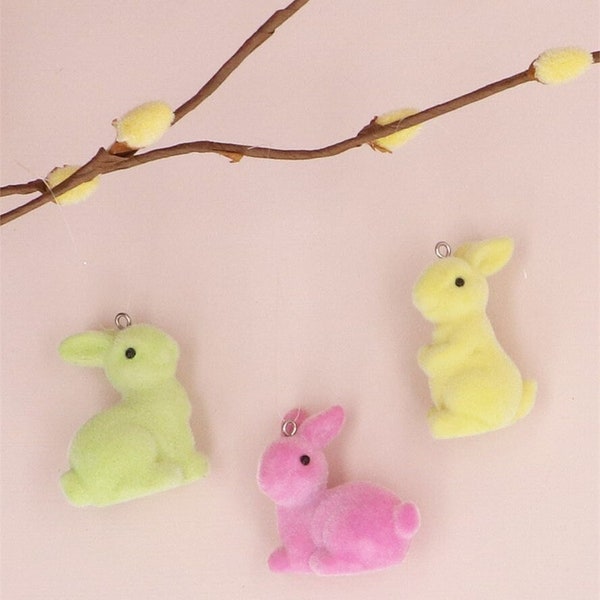 Gisela Graham Pastel Fuzzy Flock Bunny Hanging Ornament | Pink, Green Or Yellow | Easter Tree Ornaments
