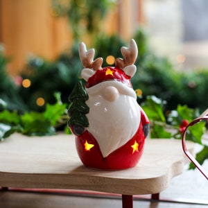 LED Light Up Ceramic Santa With Antlers & Tree Ornament | Christmas Home Decor