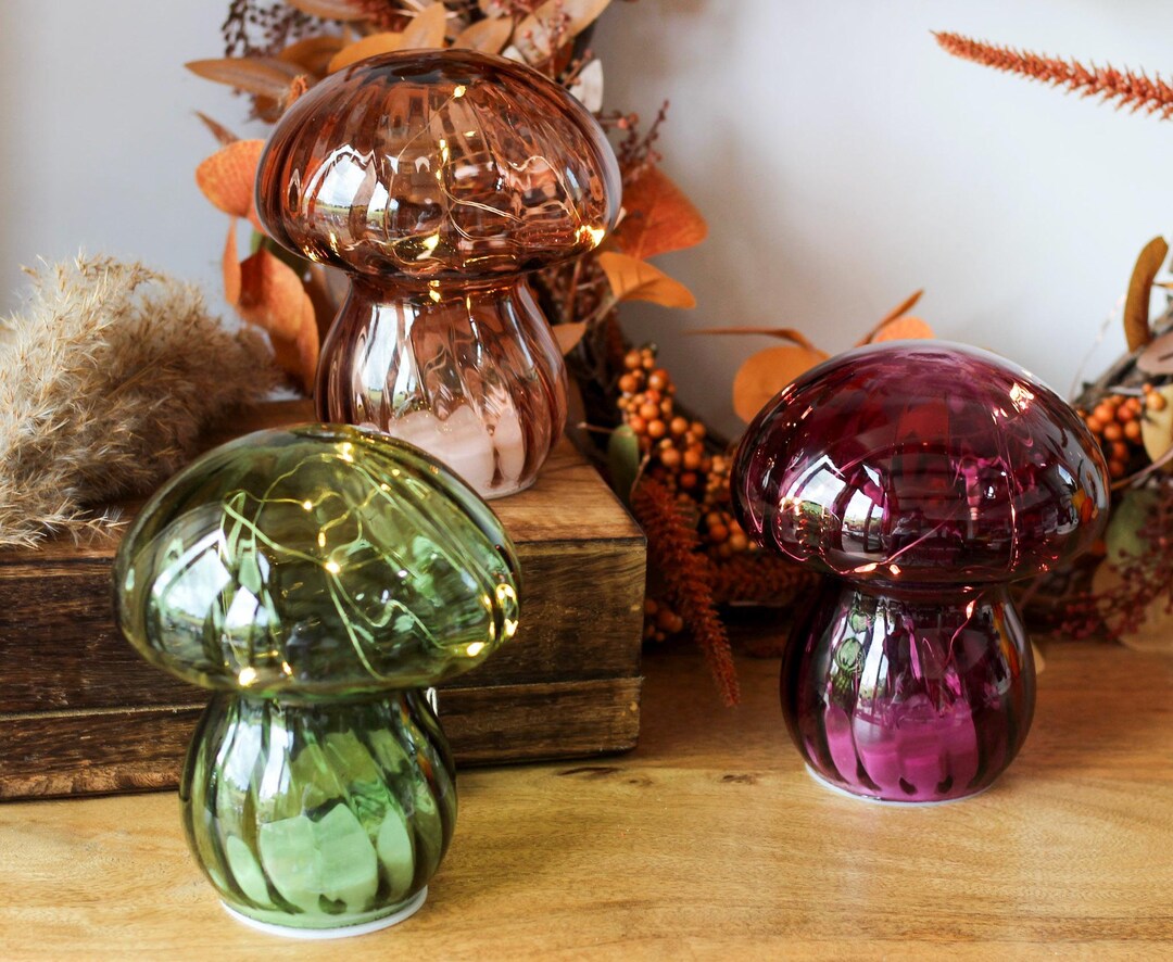 Large Glass LED Light up Mushroom Ornaments 3 Colours Available