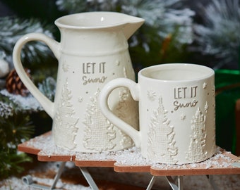 Stoneware Ceramic 'Let It Snow' Raised Textured Trees Mug OR Jug