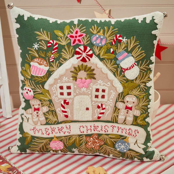 Large Gingerbread House Tufted Embroidered Christmas Cushion With Bells | Festive Cushion | Christmas Décor | Stunning Detail