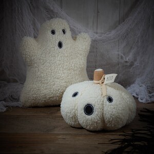 May include: Two plush Halloween decorations: a ghost and a pumpkin. The ghost is white with black embroidered eyes and mouth. The pumpkin is also white, with black embroidered eyes and mouth, and a small tag that says "BOO".