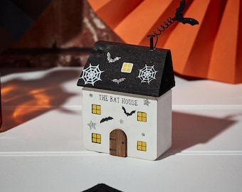 Spooky Wooden Haunted House Ornament: 3D Bats Halloween Decor