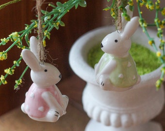 Ceramic Sitting Bunny With Spotty Pink or Green Shirt | Easter Tree Ornaments | Easter Décor