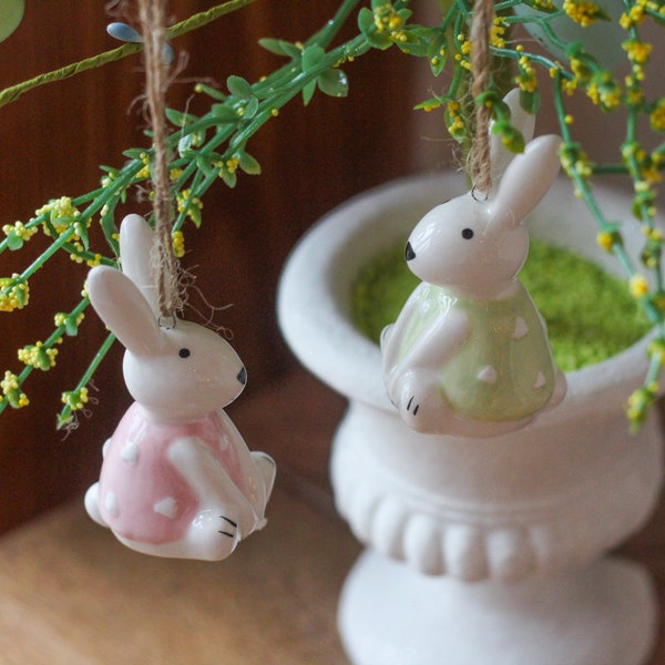 Ceramic Sitting Bunny With Spotty Pink or Green Shirt | Easter Tree Ornaments | Easter Décor