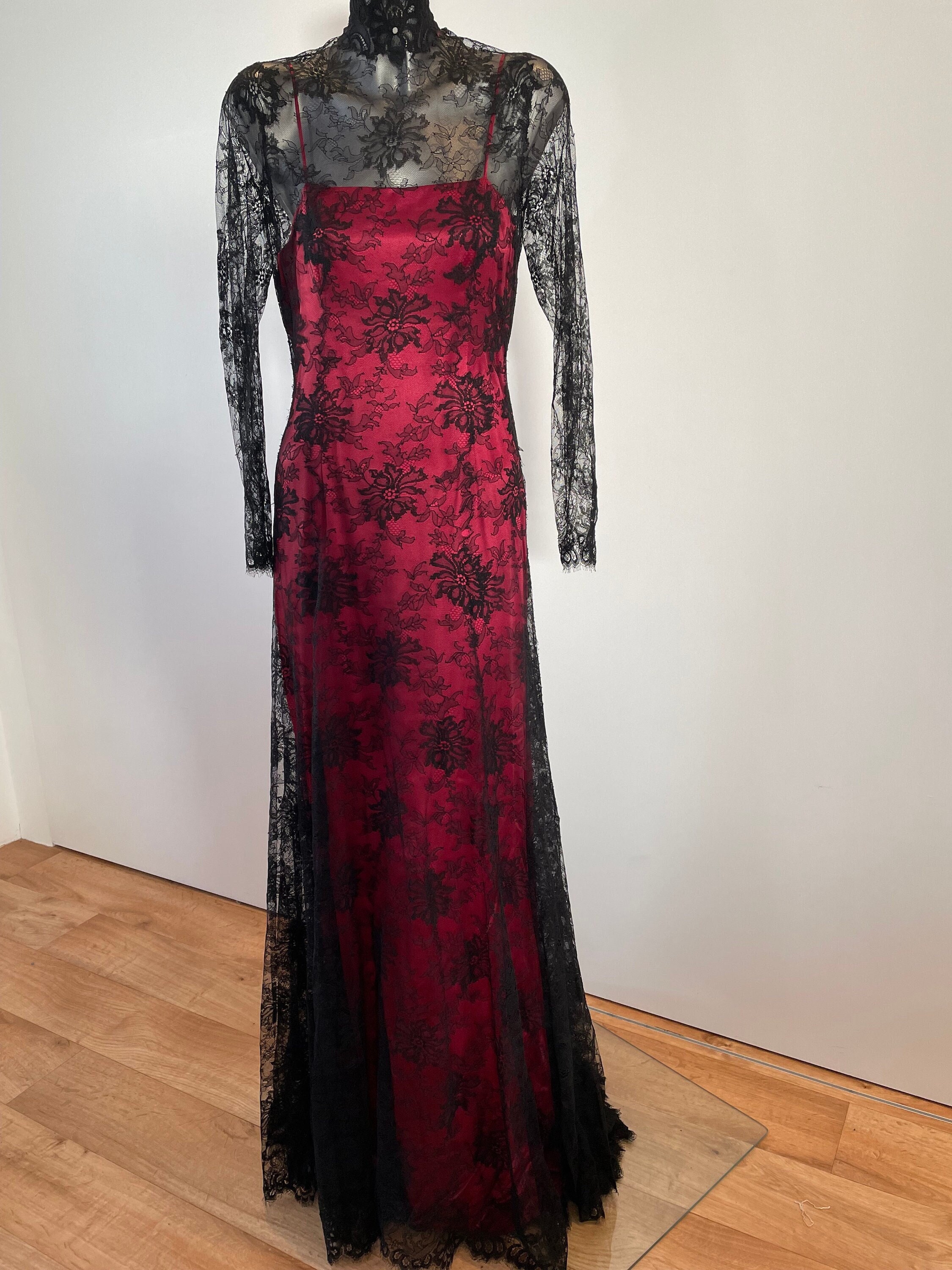 Caroline Holmes - Fine Black Hand Appliqud Parisian Floral Lace Gown with Wine Silk Underdress