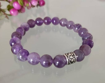 Amethyst Bracelet,8mm Beaded High Grade Lilac Amethyst Genuine Gemstone,Unisex Stretch Fit,Stretch Gem,Crown Chakra Crystal Focus Anxiety