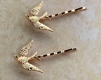 Flying Bird Bobby Pins, Silver Sparrow Bird Hair Bobby Pins, Pretty Golden and Silver Hair Clips, Unique Hair Jewelry, Handmade hair jewels