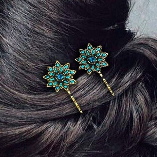 Art Deco Inspired Floral Hair Pin Set, Accessories for Bride Light Blue Sparkling Hair Barrette for Women, Copper Hair Clip Brass Hair Slide