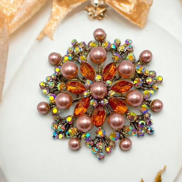 Topaz Pearl Brooch Pin Regency Vintage Inspired Pink Topaz Iridescent Flower Brooch Antique Embellished Wedding Bouquet Jewelry Gift Her