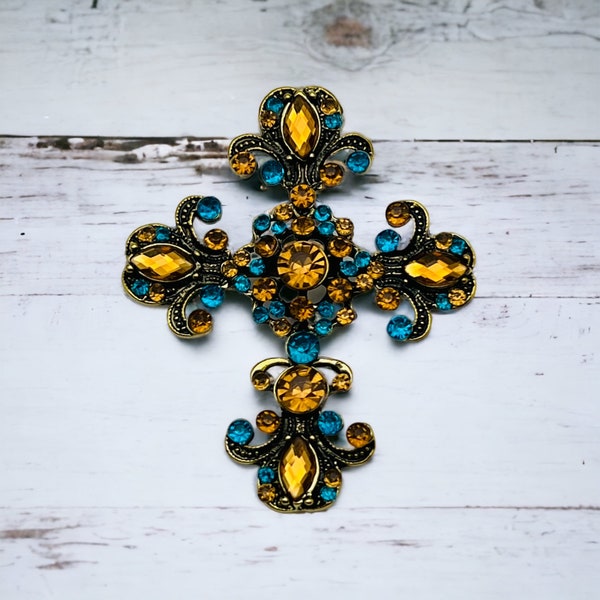 Blue Topaz Cross Pendant Necklace and Brooch Pin Rhinestone Vintage Design Scroll Cross Accessory Lover Religious Prayer Gift for Church