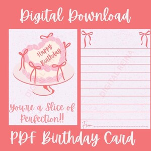 Biglietto di auguri di compleanno digitale / Biglietto stampabile in PDF / Biglietto di auguri con torta di compleanno / Fetta di perfezione / Buon compleanno / Biglietto di auguri in stile torta vintage