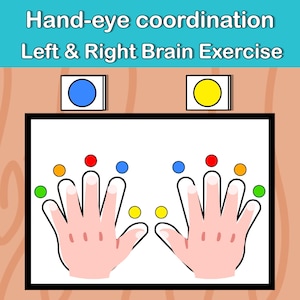 Puede incluir: Ilustración educativa para la coordinación ojo-mano y el ejercicio cerebral. La imagen muestra dos manos con puntos de colores en las puntas de los dedos y dos cuadros con un círculo azul y otro amarillo. El texto dice "Hand-eye coordination Left & Right Brain Exercise."