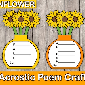 May include: A printable craft activity featuring two vases with sunflowers. The vases are labeled "Fall" and "Autumn" and have lines for writing an acrostic poem. The background is a woodgrain pattern.