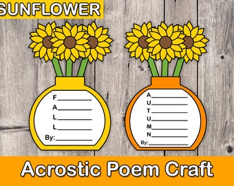 Fall Sunflower Craft, fall activity, homeschool printable, Writing Activity, Acrostic Poem, Autumn Activity, Worksheets, Poetry Activities