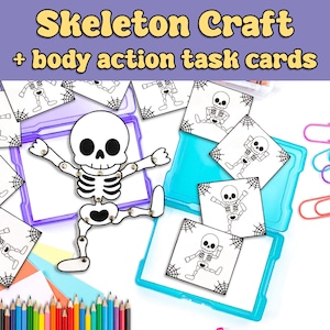 May include: A skeleton craft activity with a printable skeleton and task cards. The cards show different poses for the skeleton to be moved into. The craft includes colorful pencils and a clear plastic container.