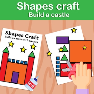 May include: A printable craft activity for children to build a castle using geometric shapes. The instructions include cutting out shapes and gluing them together. The image shows a castle with red, orange, purple, and blue shapes, and a hand holding scissors.