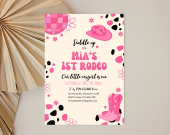 Girl 1st Rodeo Birthday Invitation Template | Editable Our Little Cowgirl is One Disco Cowgirl Disco Western First Birthday Invite Disco